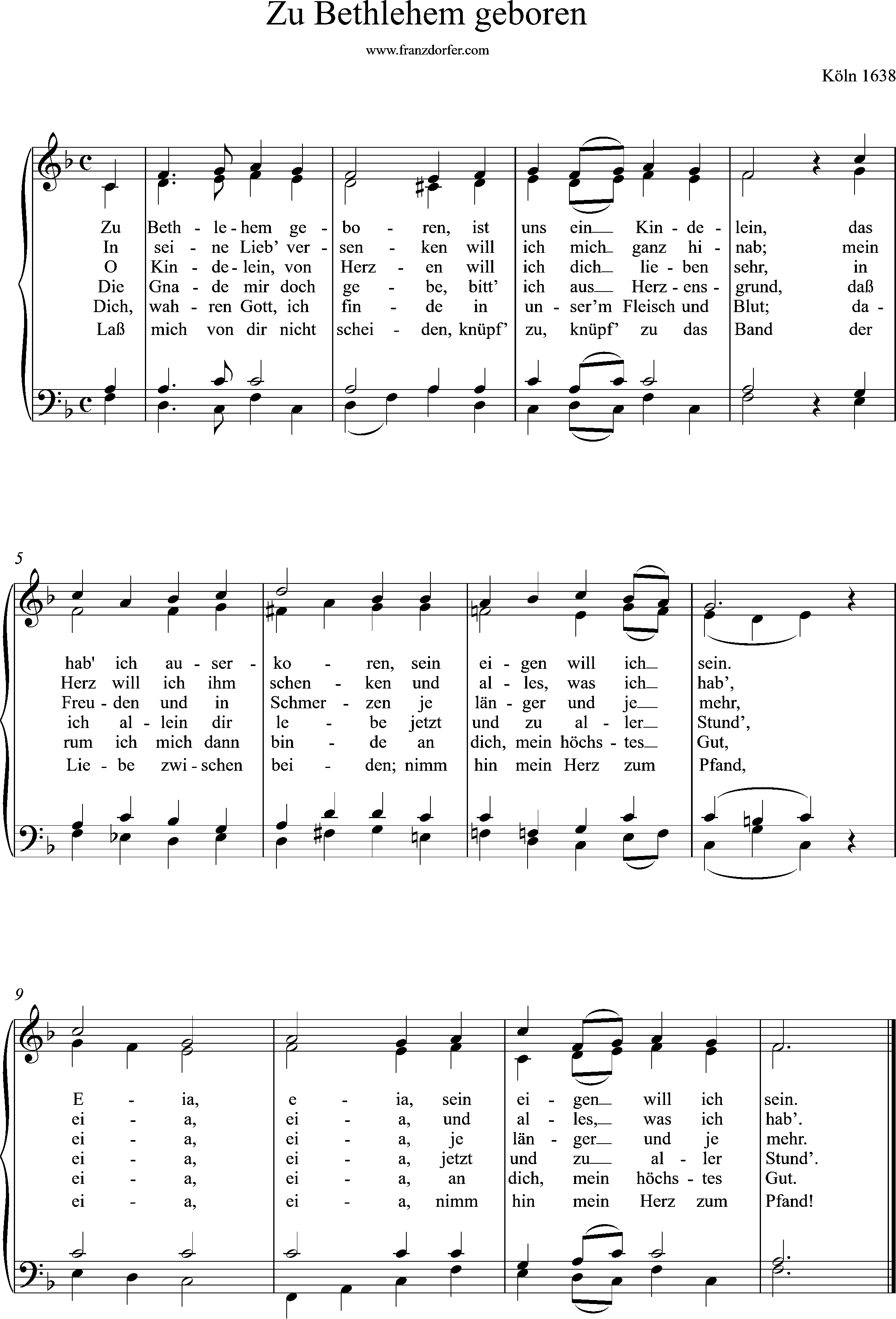 chor-, orgelnoten, F-Dur, Zu Bethlehem geboren